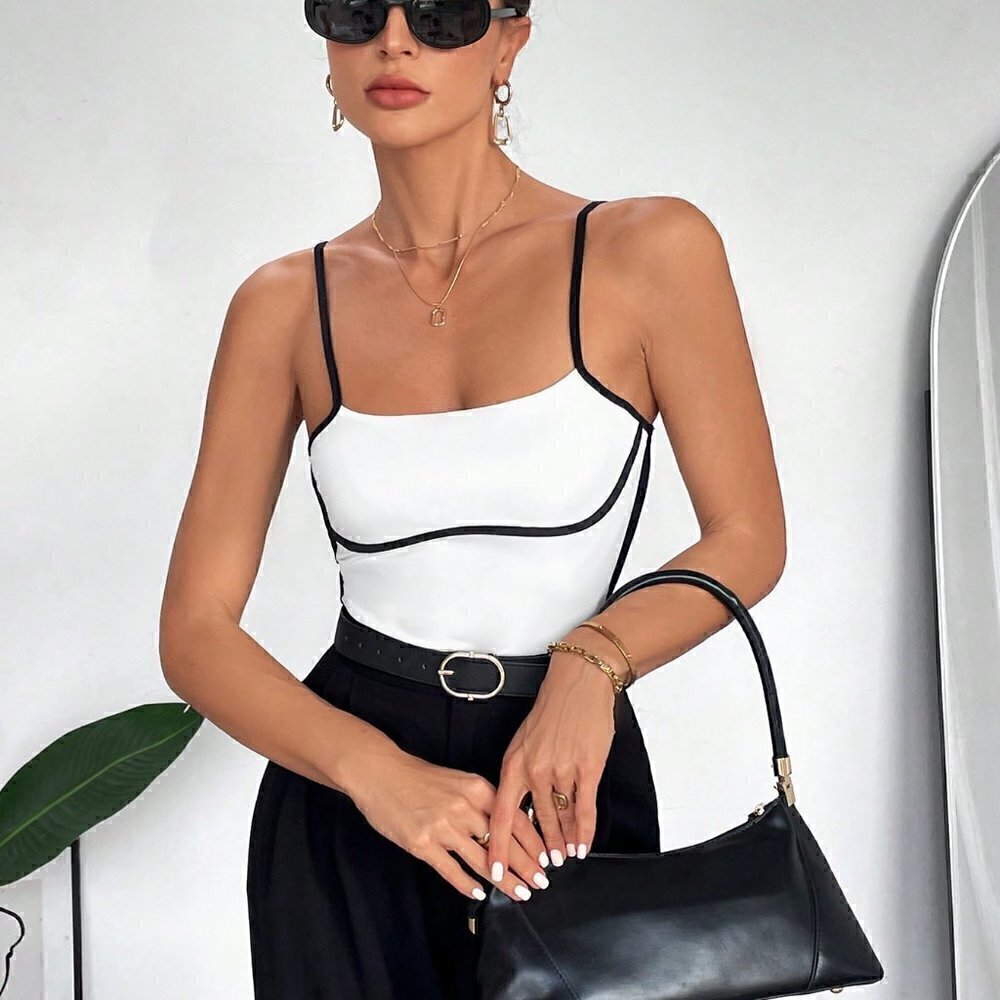 Black and White Preppy Women's Contrast Trim Cami Top